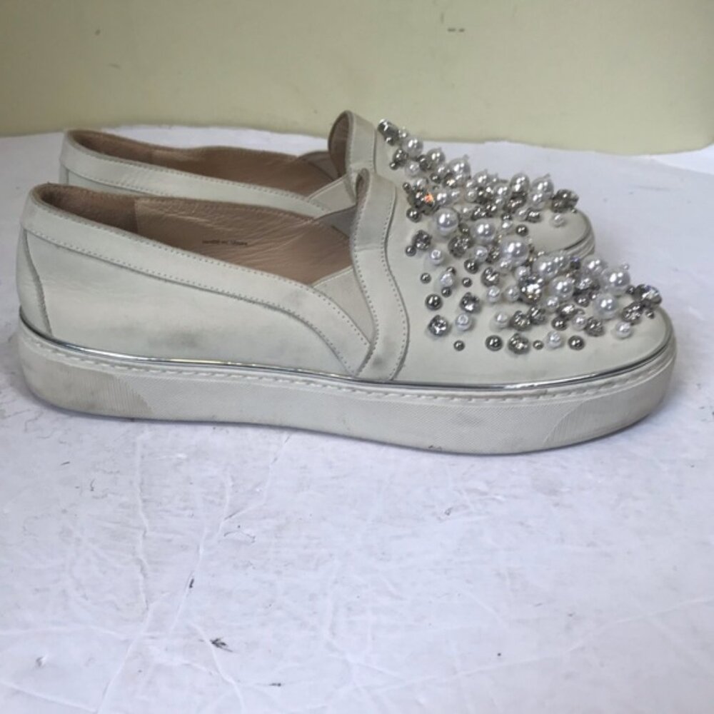 Stuart Weitzman Pearl Embellished Leather SlipOn Platform Sneakers Shoe Slides 7 - Picture 11 of 16
